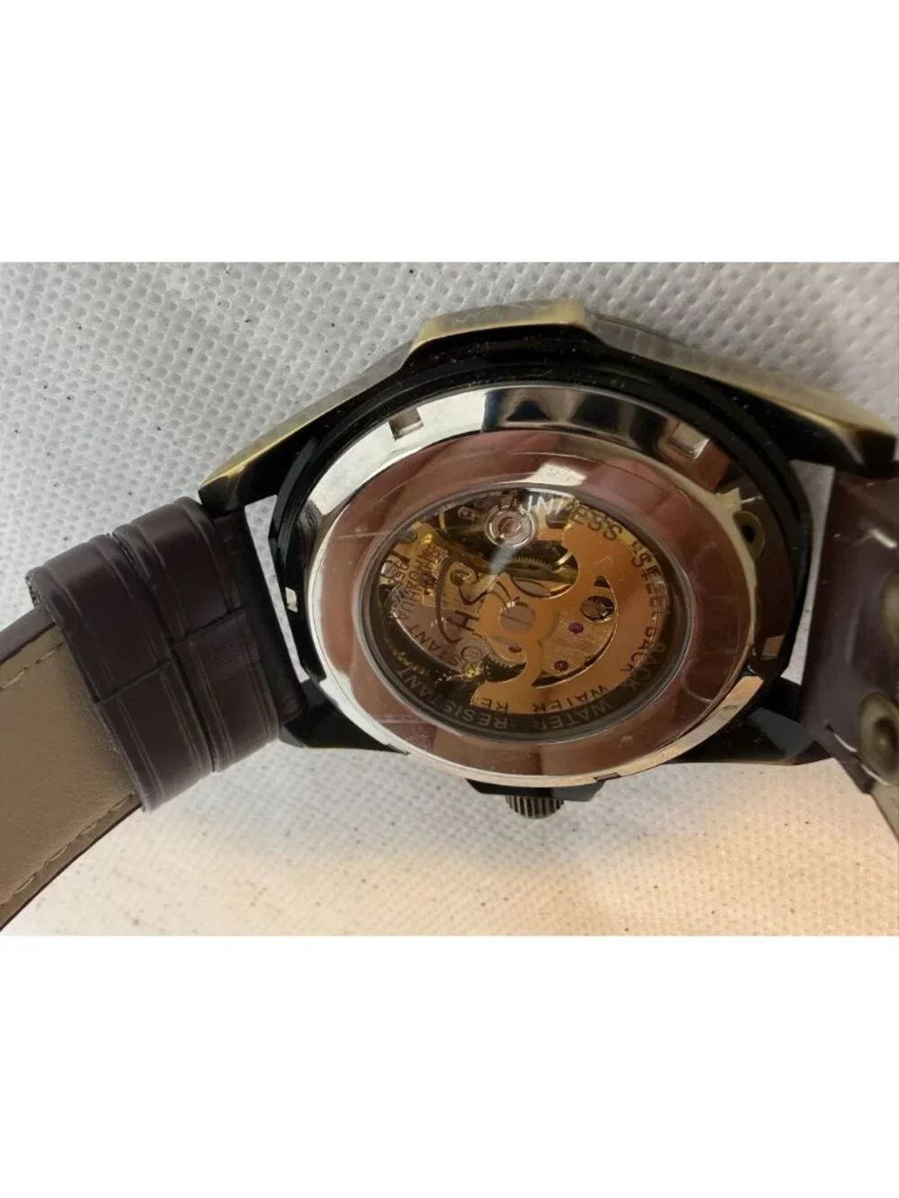 AMPM24 Steampunk Automatic Wind-up Skeleton Watch Bronze Case Brown Leather Band